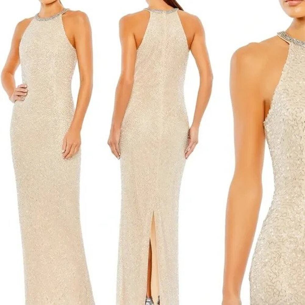 Mac Duggal Beaded Halter Neck Body Skimming Gown Silver Cream Size 6 NWT - Picture 1 of 11